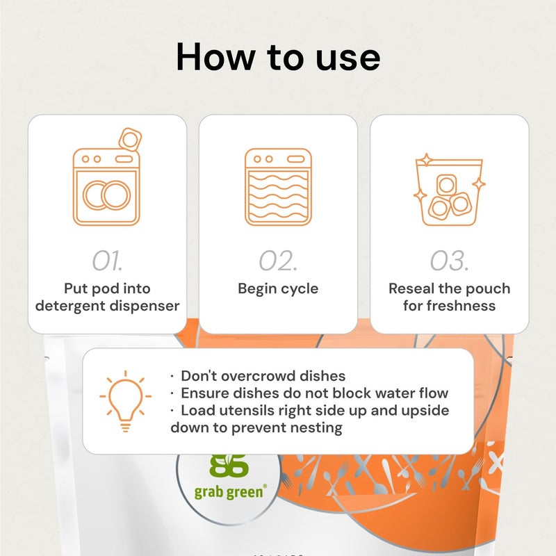 Grab Green Automatic Dishwashing Detergent Pods, 24 Count, Tangerine Lemongrass Scent, Plant and Mineral Based, Superior Cleaning, Powerful Grease Removal, Brilliant Shine - Image 5